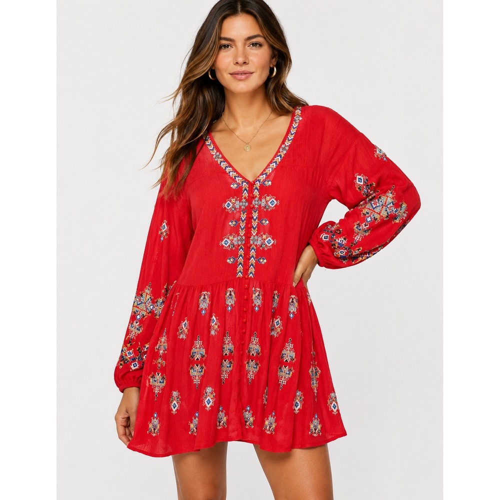 Free People Embroidered Red Mini Dress Tunic Boho V-Neck‎ Balloon Sleeve XS
